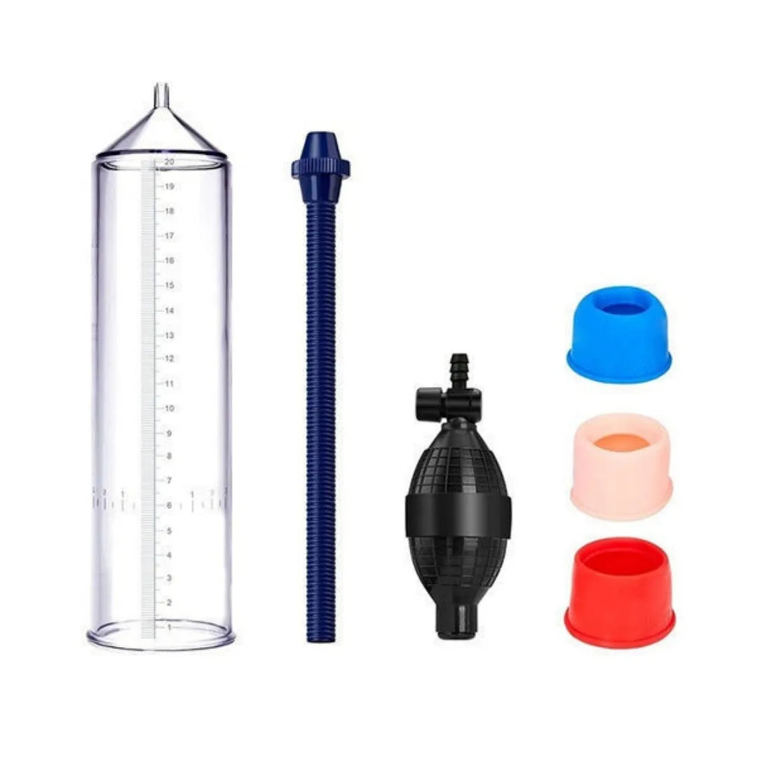 Customised silicone cover accessory for male exercise machine with plastic valve exerciser and connecting parts.