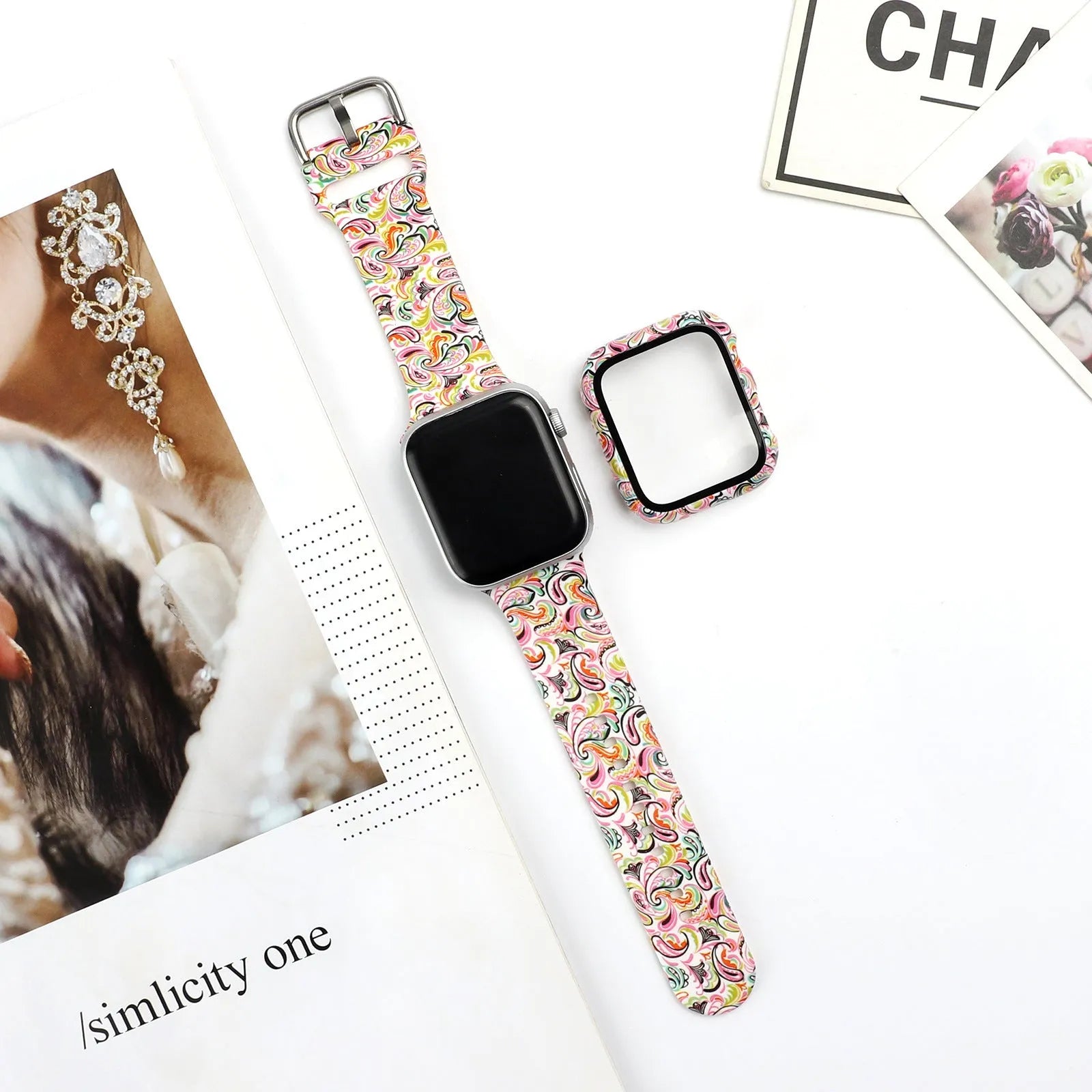 Printed silicone replacement watch strap for Apple Watch in multiple sizes and style designs.