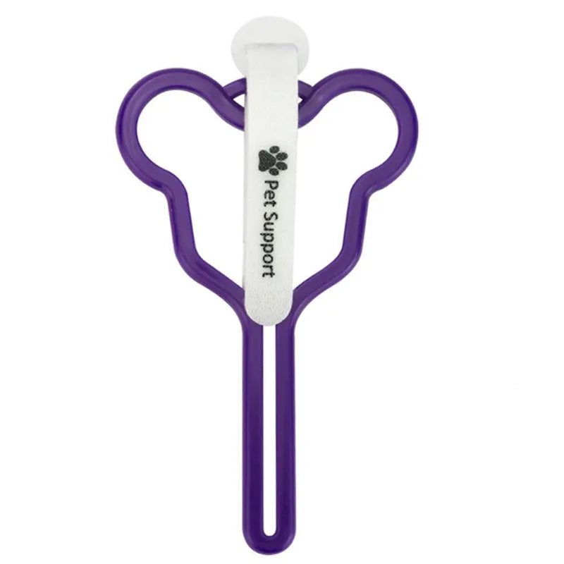 Hands-free dog poo bag holder with velcro strap attached to a dog lead.
