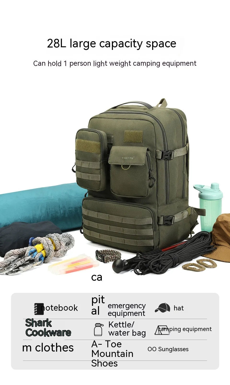 Army Green waterproof tactical backpack with 17-inch size and 20-35L capacity for outdoor sports