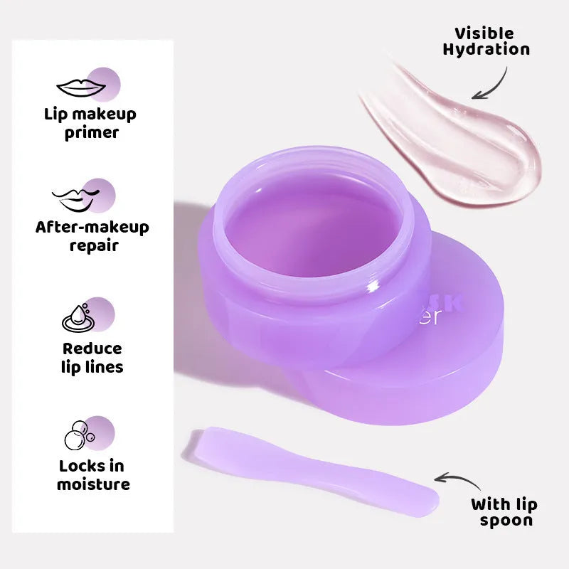 Lip balm exfoliating treatment box containing 10ml formulation with lip film and scraper applicator