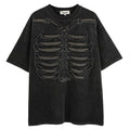 Black loose fit t-shirt with skull and letter print featuring drop-shoulder sleeves.