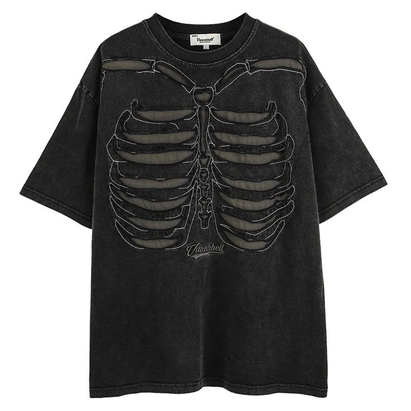 Black loose fit t-shirt with skull and letter print featuring drop-shoulder sleeves.