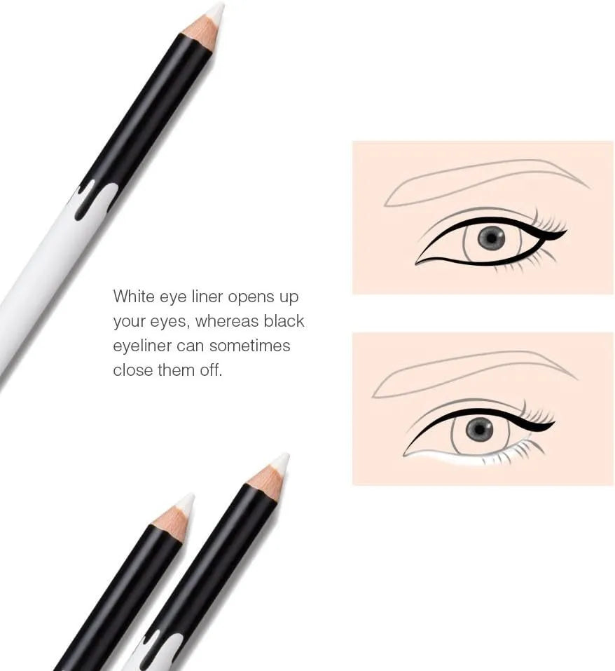 12 white and black retractable eyeliner pencils with a sharpener for waterproof makeup application.