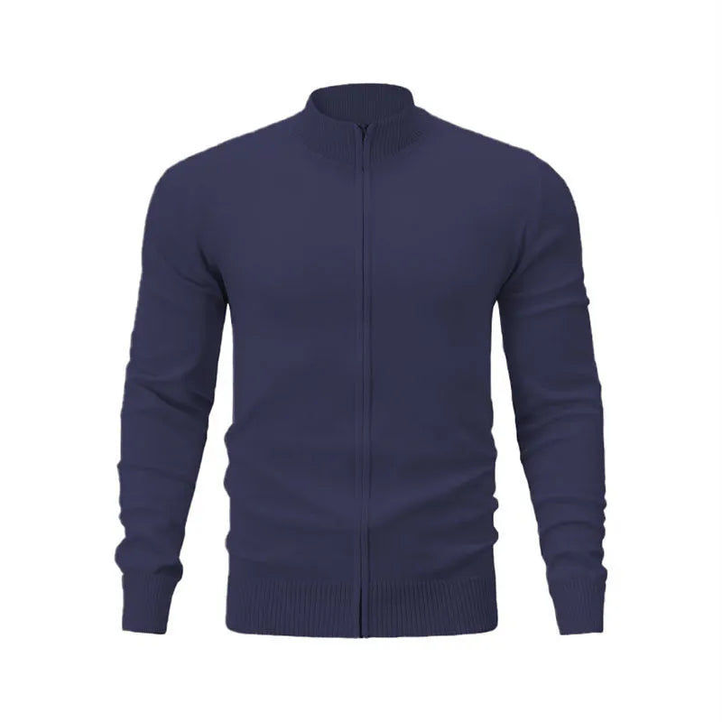 Man wearing a stand collar zip-front casual sweater in a solid colour, showing loose fit and front zipper detail.