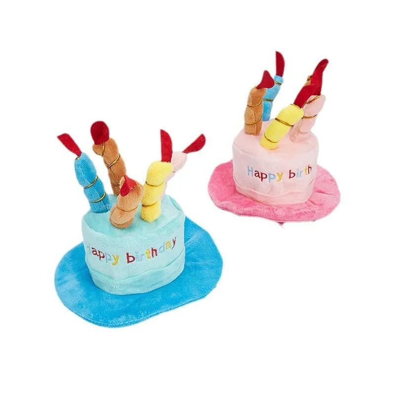 Blue and pink small dog birthday hats for toy breeds on a white background.