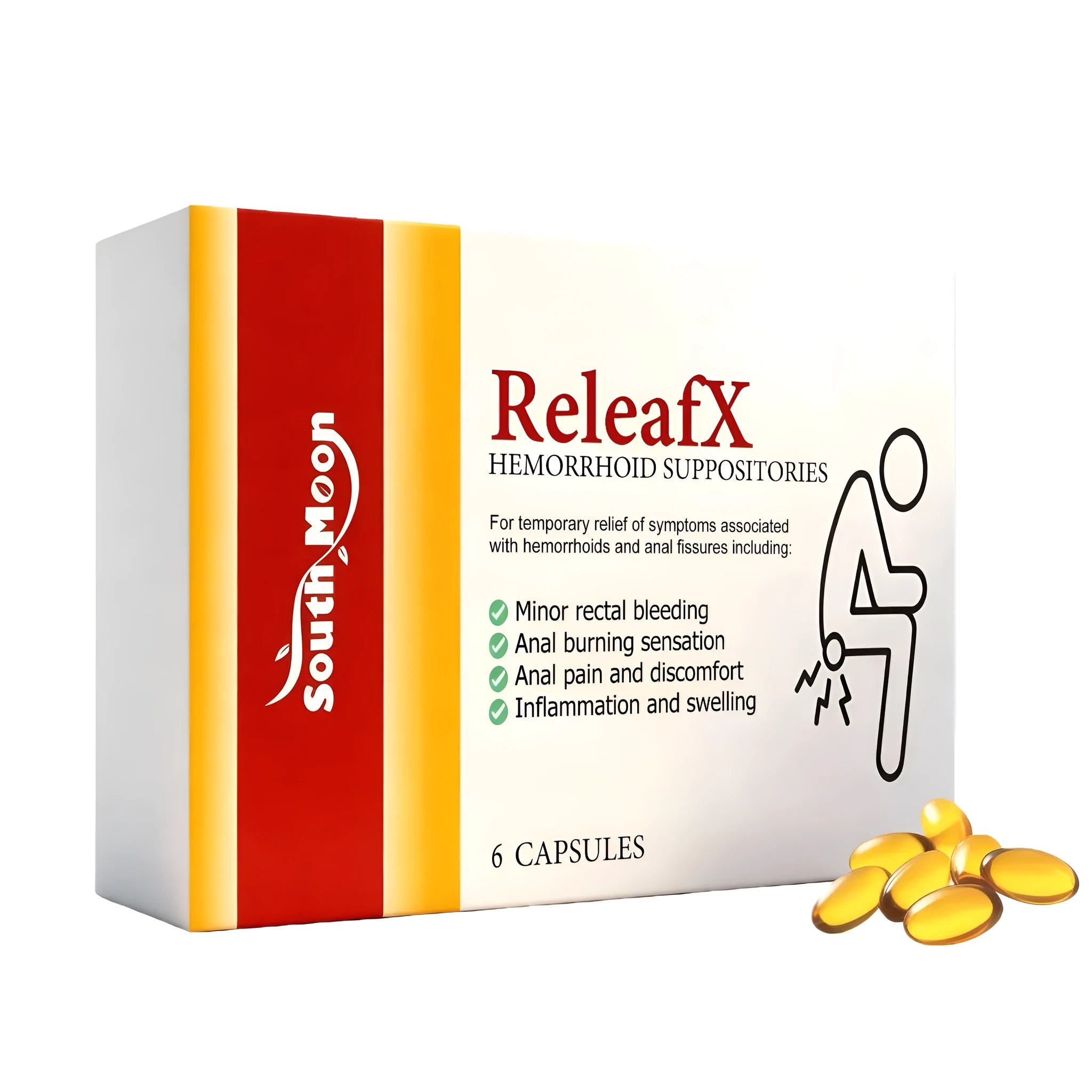 Pack of six perianal soothing capsules with vitamin E, menthol, and borneol in a mineral oil and coconut oil base