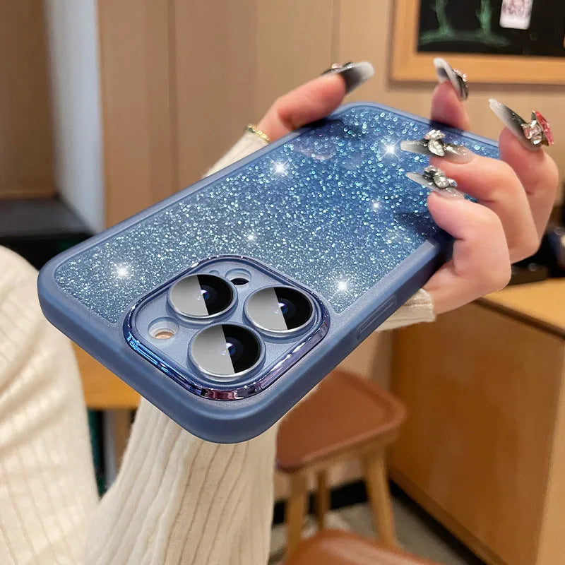 Ultra-thin transparent glitter gradient iPhone case with magnetic suction on a table