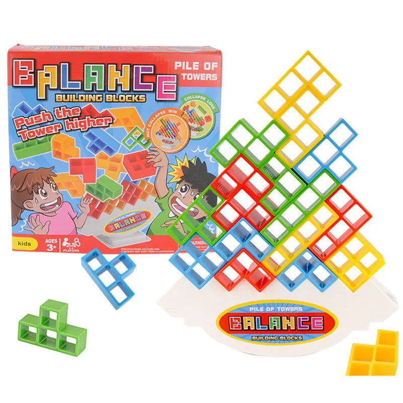 Colourful plastic balance stacking game with 16 blocks, chassis and base for family play