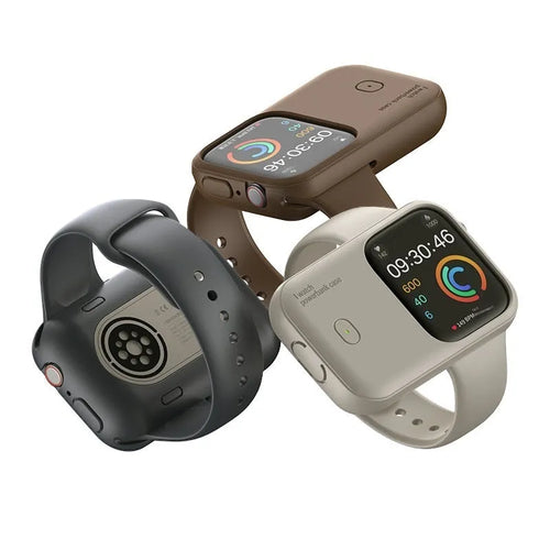 Apple Watch portable charging case with silicone protective cover in midnight blue colour