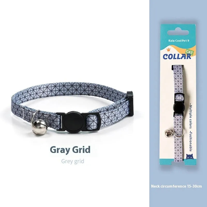 Woven polyester cat collar with anti-suffocation safety buckle and bell in green jungle colour grid pattern
