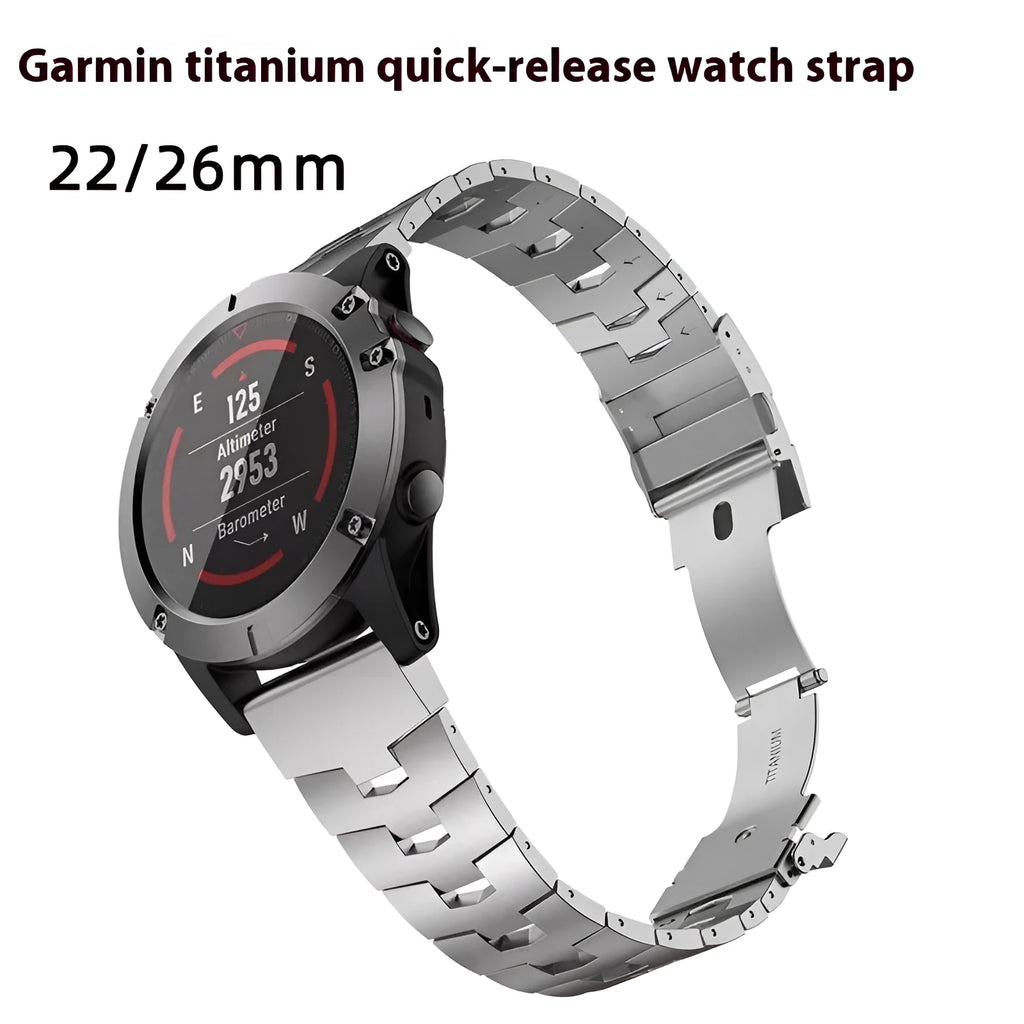 Garmin Jiaming Fenix compatible metal watch strap in black, silver, and titanium colours showing 22mm and 26mm width options