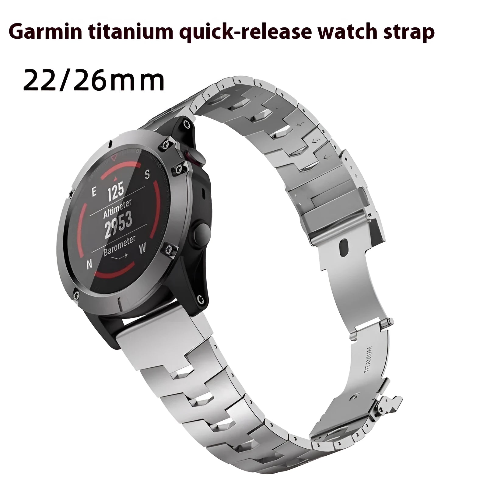 Garmin Jiaming Fenix compatible metal watch strap in black, silver, and titanium colours showing 22mm and 26mm width options