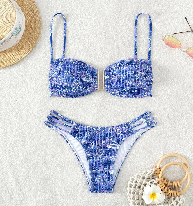Women's high-waist floral bikini swimsuit set in solid colour with nylon lining