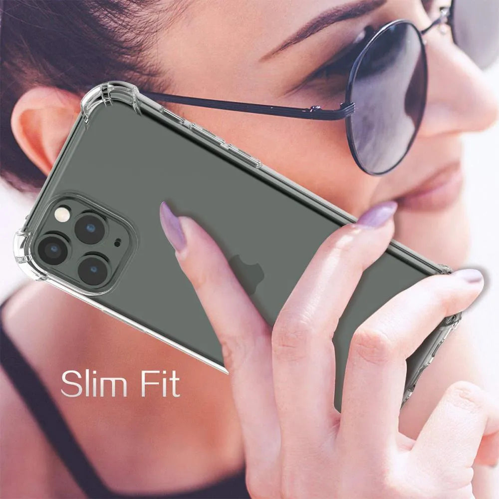 Clear transparent TPU shockproof phone case for multiple iPhone models on a table.