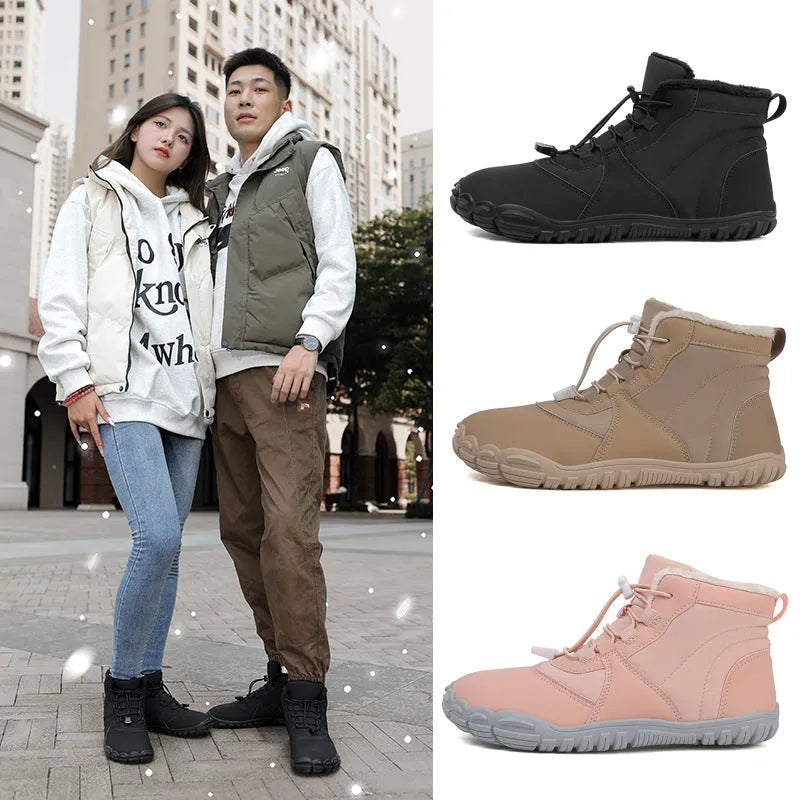 Black waterproof snow boots with lace-up front, fleece lining, and rubber sole on a winter background