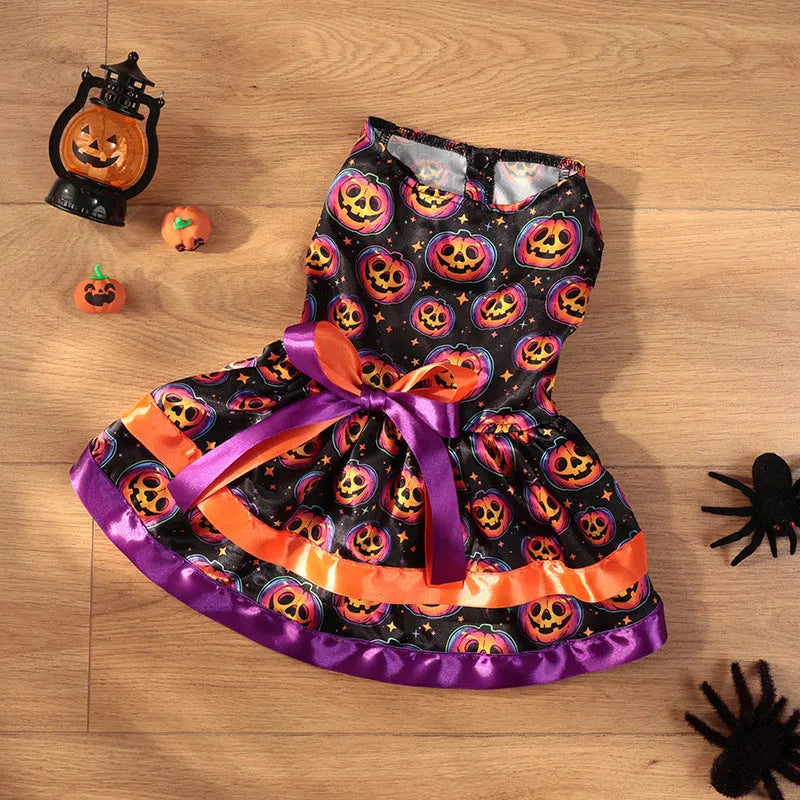 Halloween dog skirt with colourful pumpkin print, double-layer design