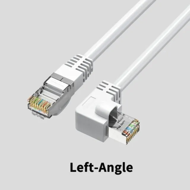 Right-angle Cat6 Ethernet cable with metal RJ45 connectors in various colours and lengths