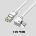 Right-angle Cat6 Ethernet cable with metal RJ45 connectors in various colours and lengths