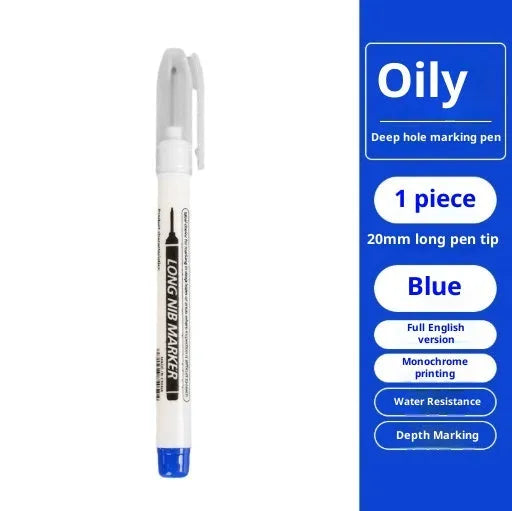 Multi-color deep hole marking pen with 20mm long tip on metal surface showing black ink mark