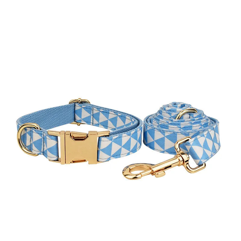 Blue triangular ring rope cloth dog collar, leash, bow, and vest set in multiple sizes XS to XL