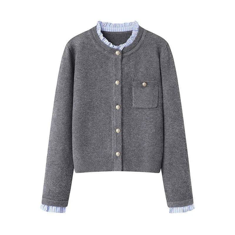Women's pleated lace collar sweater coat in navy blue, acrylic knit, long sleeves