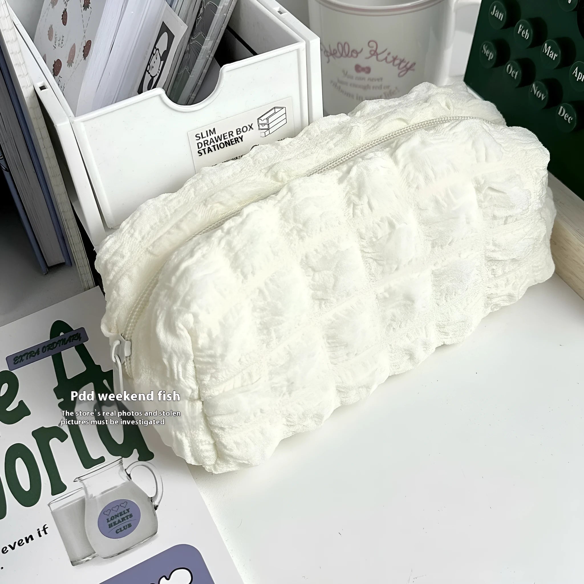 Fabric pencil case with cream puff personality design in beige and black colour options