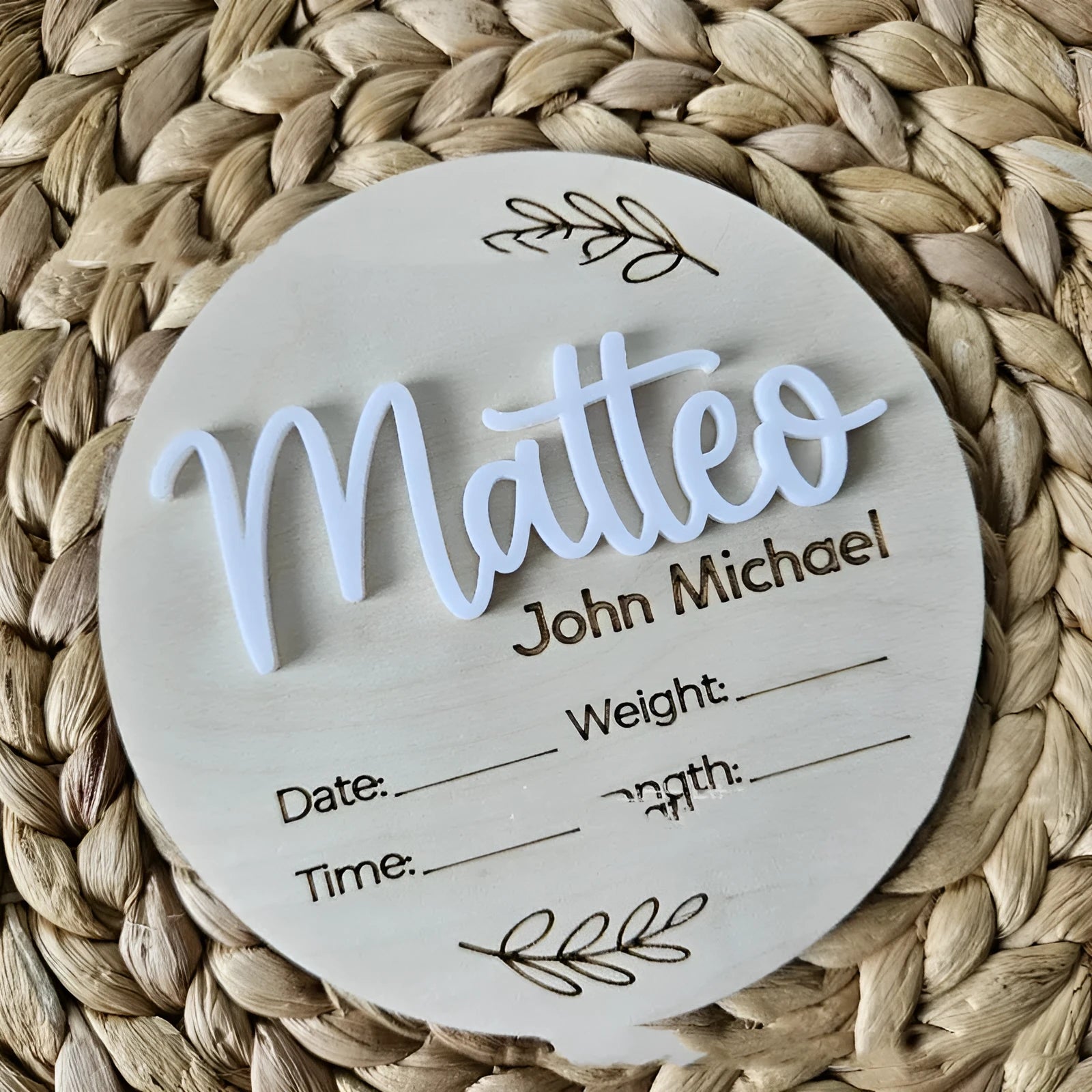 Square wooden newborn name label with birth information, 15x15cm, shown in three style variations.