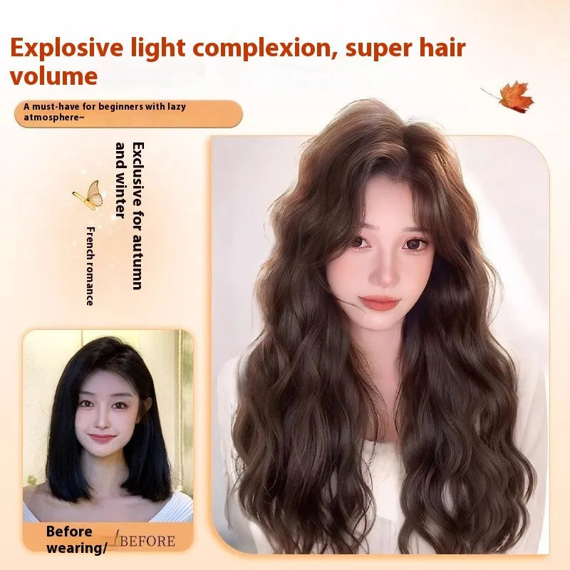 Women's full head wig with long curly artificial hair and side bangs in natural styling