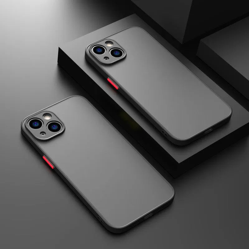 Frosted hard iPhone case with textured skin-sensing back and full camera lens protection in dark night green.