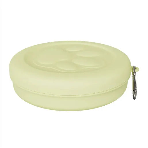 Portable two-piece dog food and water bowl in light green and pink colours, shown in large and small size options