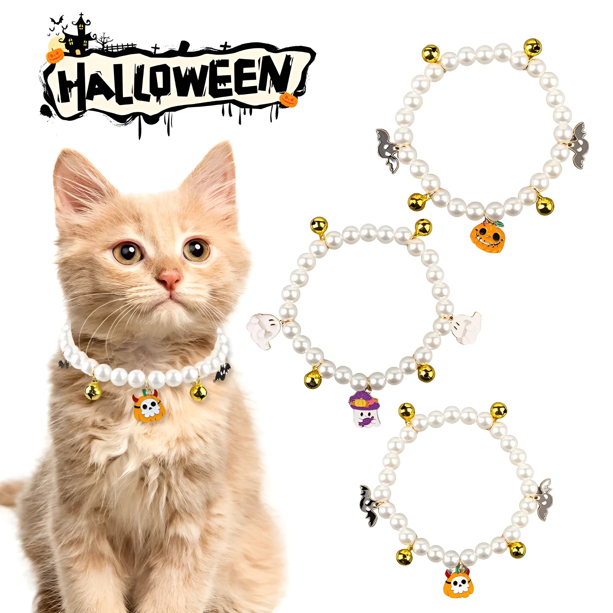 Halloween cat collar with simulated pearls and pumpkin charms in purple ghost, skull, and smiling designs