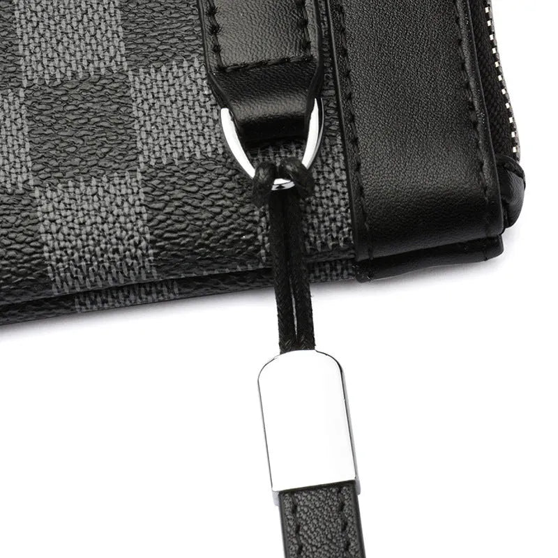 Black leather plaid clutch wallet showing cowhide texture and 20x10cm dimensions