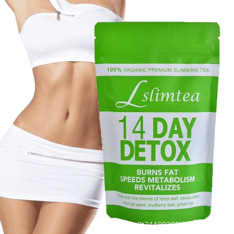 Box of 14-day herbal detox tea showing individual 3g sachets with total 42g net weight