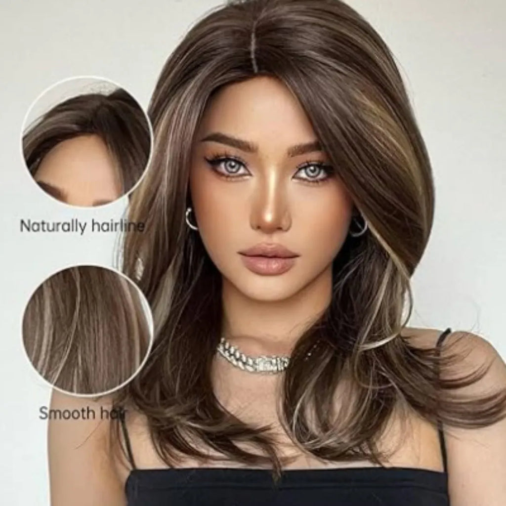 Mid-length curly synthetic wig with long bangs in gradient white gold, wine red, and brown colours