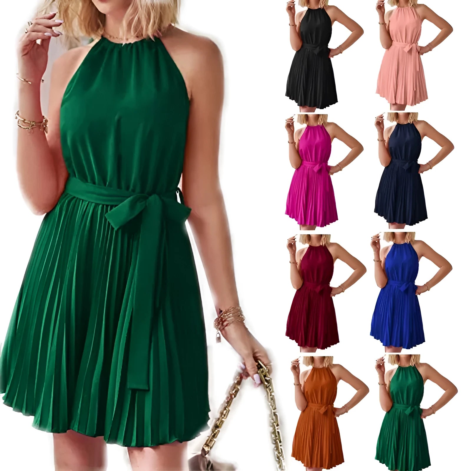 Women's halter neck strapless summer dress with pleated chiffon skirt and adjustable waist belt