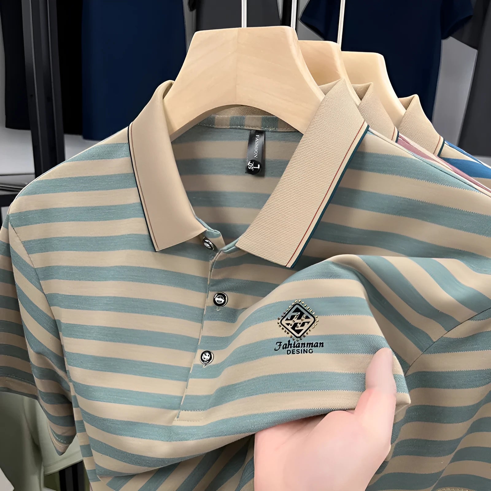 Men's striped casual short sleeve shirt in polyester available in red, blue, and green colours