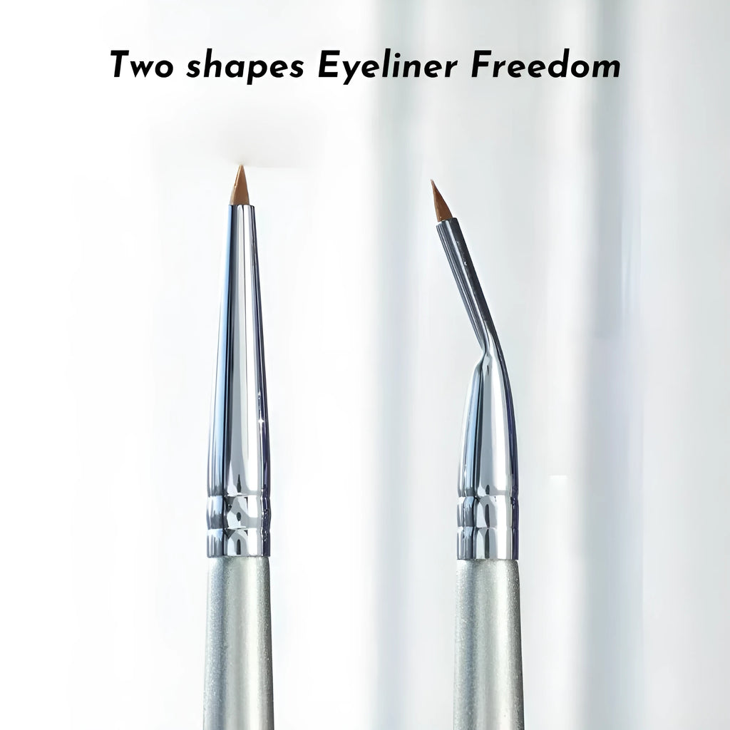 Close-up of a bent head eyeliner brush for precise under eye and tear trough makeup application.