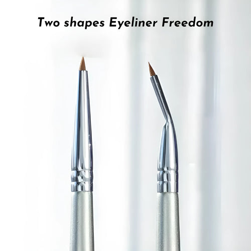 Close-up of a bent head eyeliner brush for precise under eye and tear trough makeup application.
