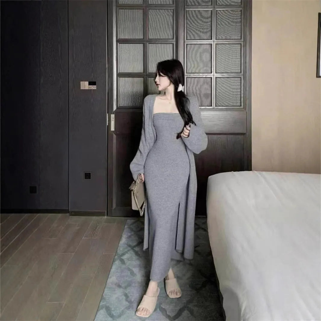 Women's gray knitted cardigan dress suit set with matching coat and flocking detail