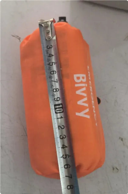 Orange portable disaster relief tent with emergency blanket showing 240cm × 150cm dimensions