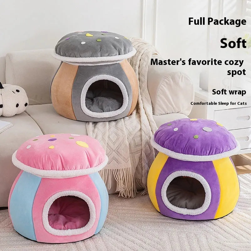 Grey mushroom-shaped cat nest bed with a detachable plush blanket for indoor cats.