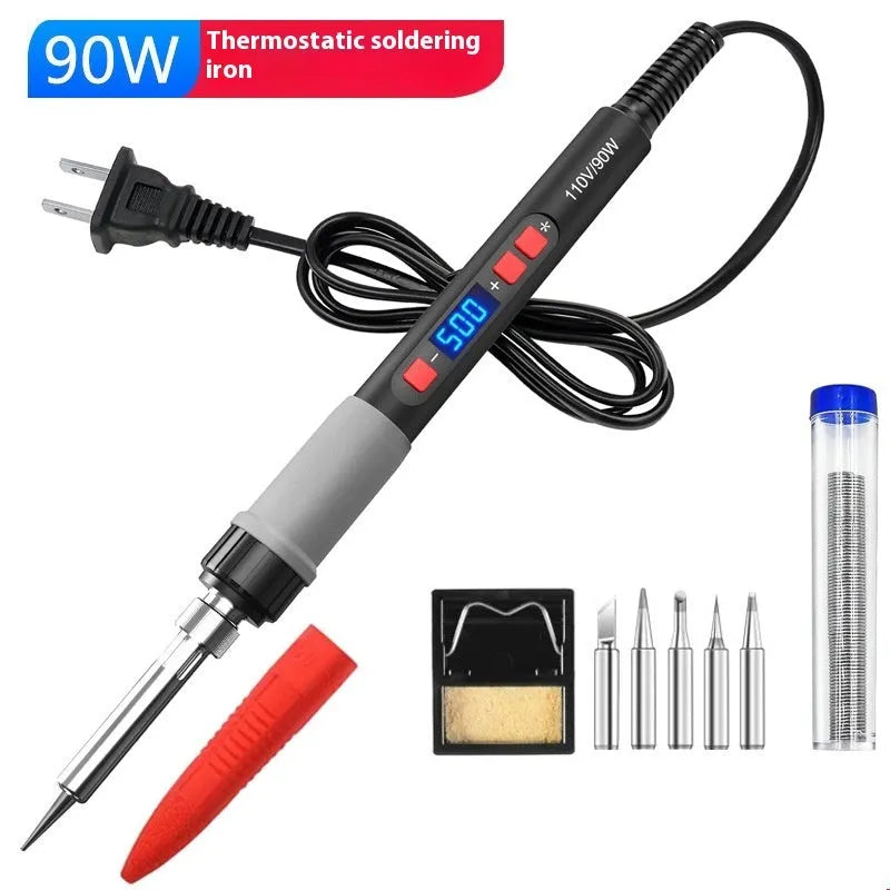 Gray 90W electric soldering iron kit with five tips, sponge, solder wire, and pen holder for electronics repair