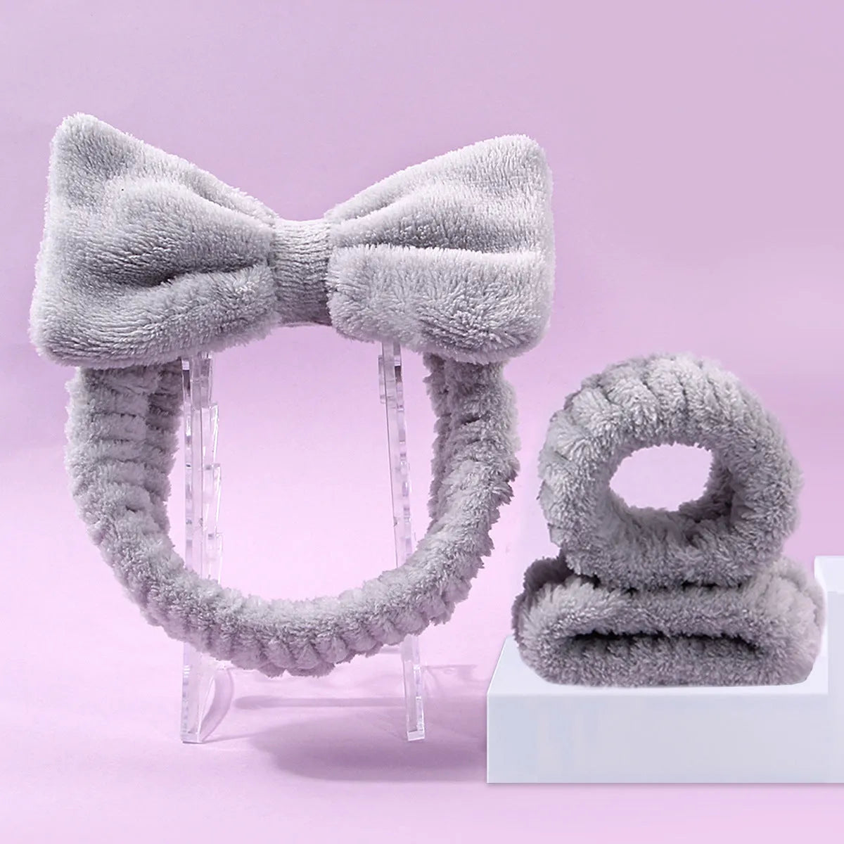 Facial brush set with coral fleece hair band, nylon brush, and face wash mitts in assorted colours