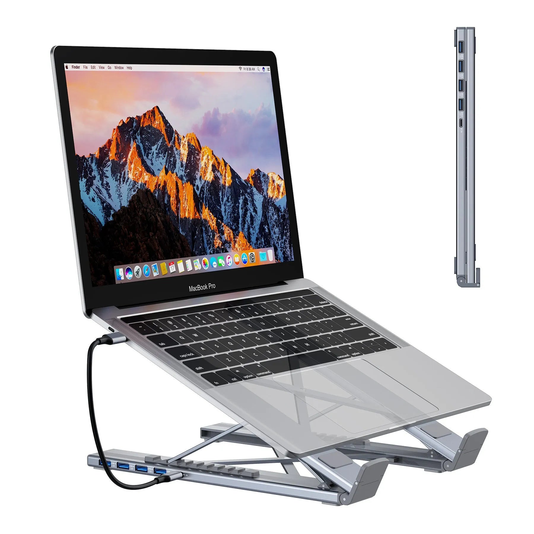 Aluminium folding laptop docking station with eight-port hub including HDMI interface
