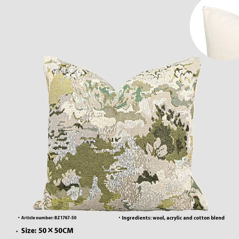 Antique green abstract botanical pillow with spring flower pattern in French style design