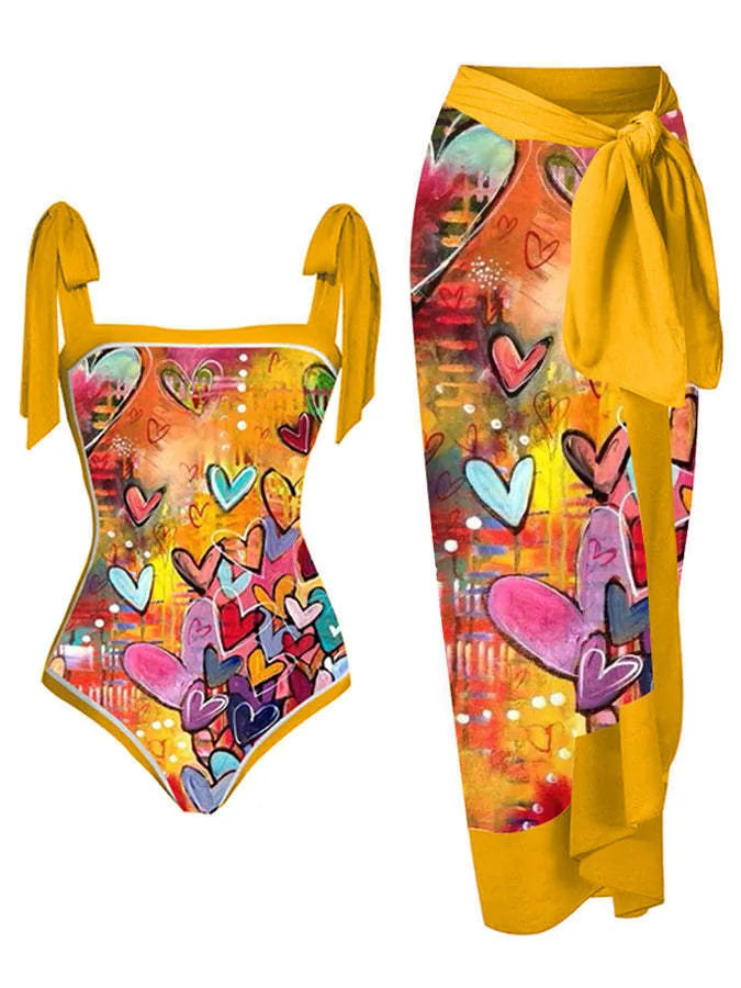 Women's printed chiffon two-piece swimsuit set with matching hip skirt