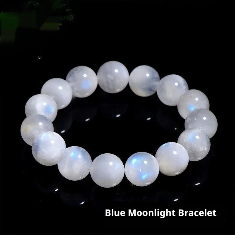 Natural blue moonlight round bead moonstone bracelet with polished white geometric beads