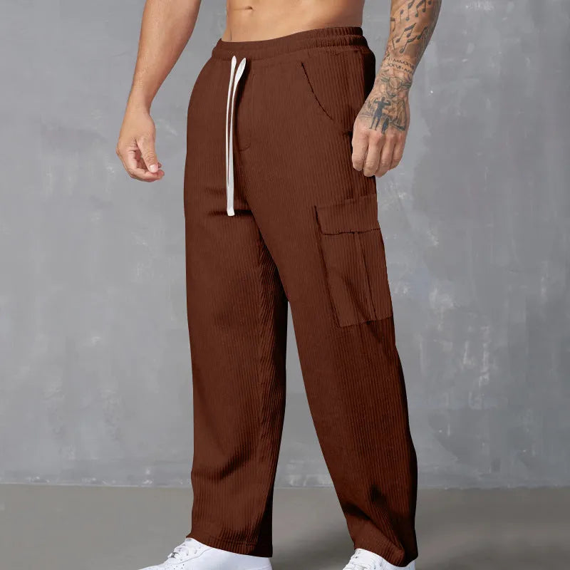 Men's corduroy cargo trousers in straight-leg design with micro-elastic waist and drawstring closure