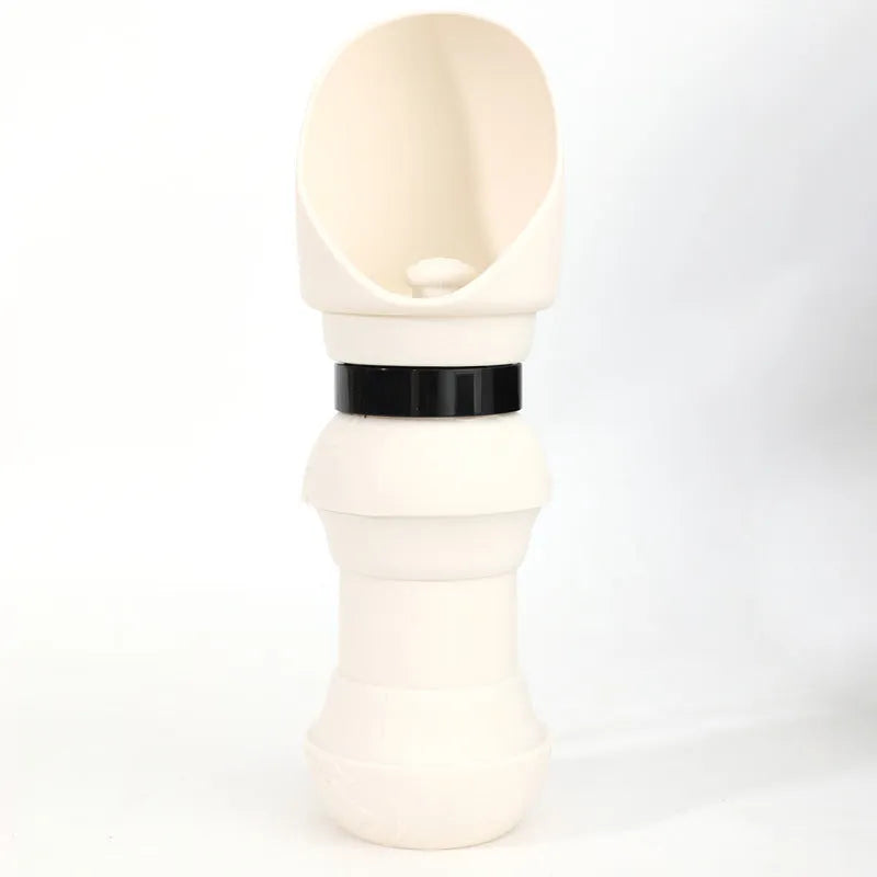 Collapsed and expanded views of a silicone folding water cup for pets in a choice of colours.
